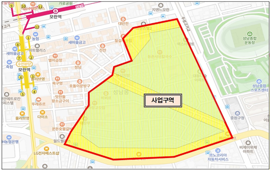 청년청소년과-성남시 소규모 점포 청년창업 지원사업 구역 표시도(성남동 모란 중심상권 뒤편).jpg
