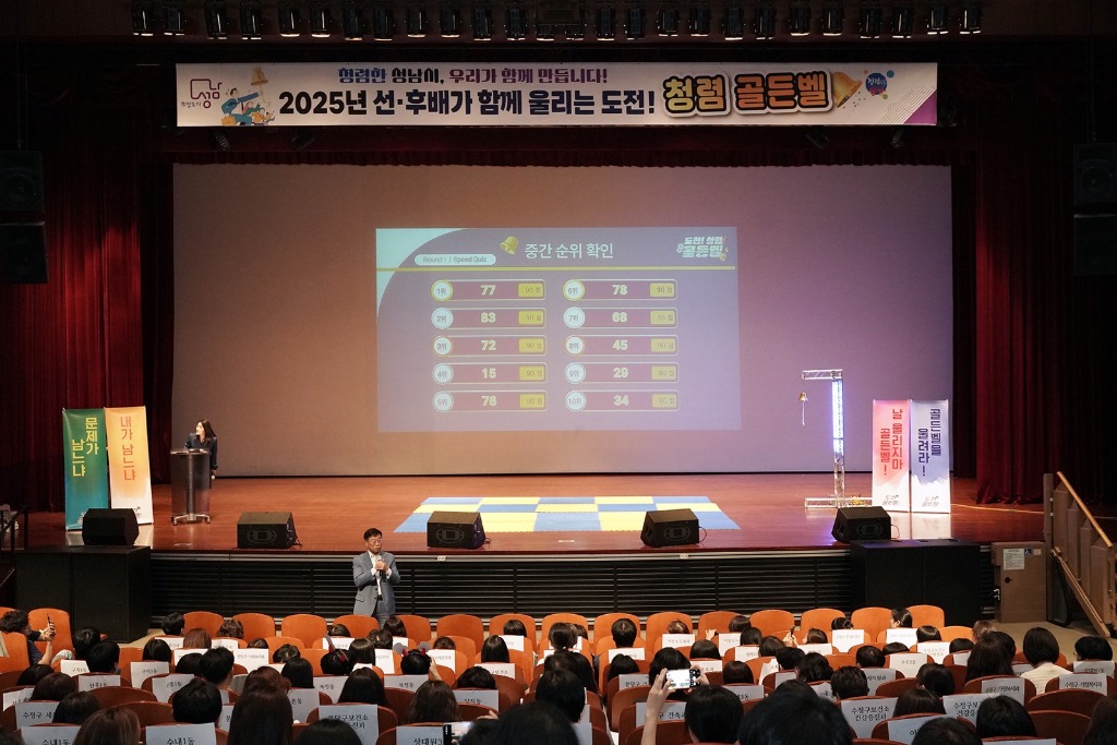 신상진 성남시장이 공직자 220명과 함께 ‘청렴 골든벨’ 참여해 인사말을 전하고 있다 (3).jpg