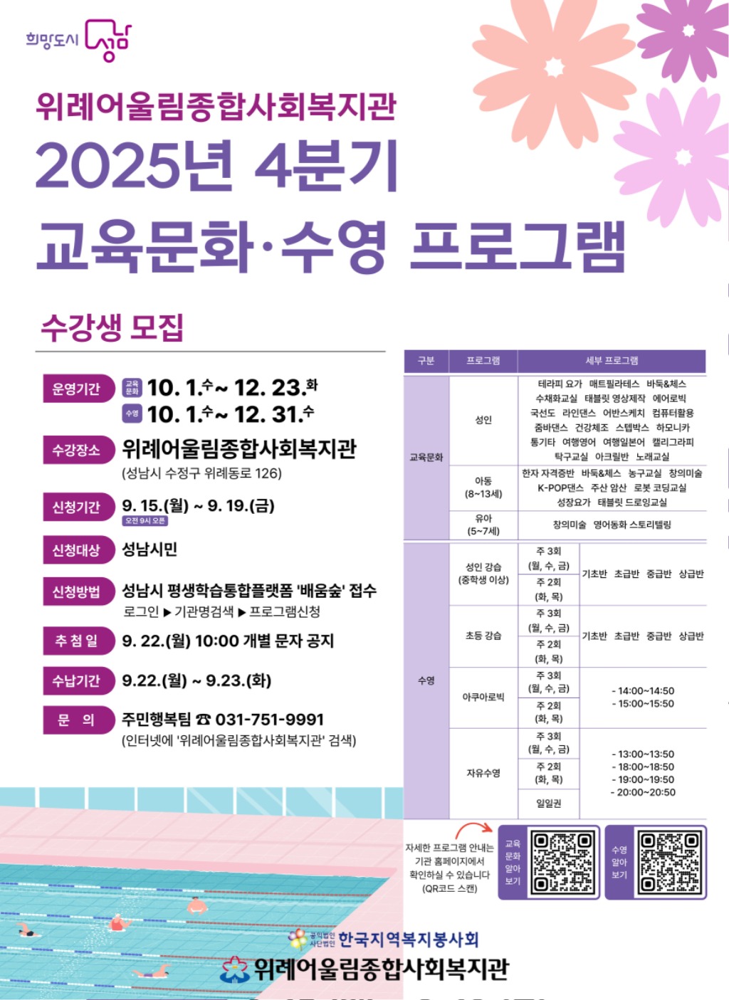 성남시, 수영 등 위례어울림종합사회복지관 수강생 2896명 …